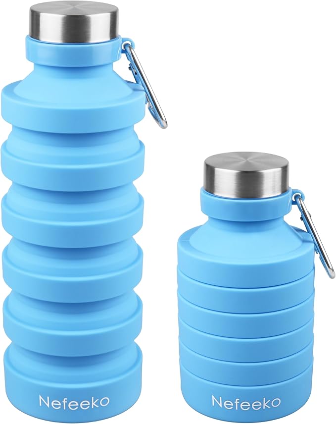 Nefeeko Collapsible Water Bottle, Reuseable BPA Free Silicone Foldable Water Bottles for Travel Gym Camping Hiking, Portable Leak Proof Sports Water Bottle with Carabiner