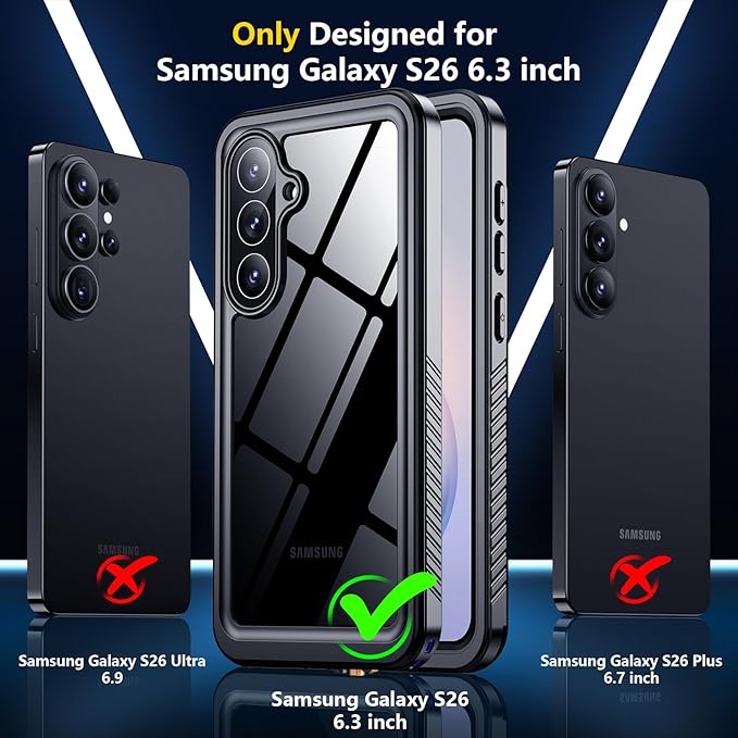 SPIDERCASE Designed for Samsung Galaxy S26 Case Waterproof,Built-in Screen & Camera Lens Protector[IP68 Underwater] [Military Grade Shockproof] Full Body Protection Phone Case,Black/Clear