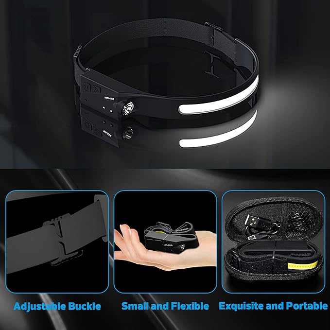 Rechargeable LED Headlamp, 230° Illumination Headlight with Motion Sensor, Lightweight, Weatherproof, 2 Light Source Head Lamp Flashlight for Camping, Hiking, Running, Outdoor - Adults and Kids