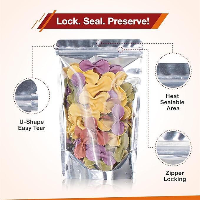 BELLE KR® Pint 5x8 Mylar Bags for Food Storage - Pack Of 200-7.5mil Thickness - Stand Up Clear Mylar Bags with See Through Window - Resealable