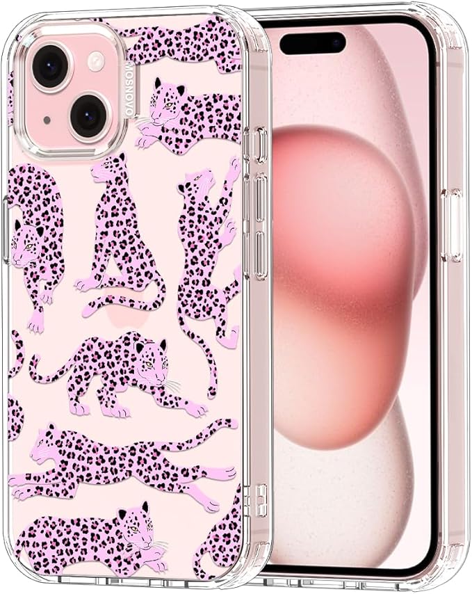 MOSNOVO Case for iPhone 15, [Buffertech 6.6ft Military-Grade Drop Protection] [Anti Peel Off Tech] Clear TPU Bumper Phone Case Cover Design - Pink Leopard