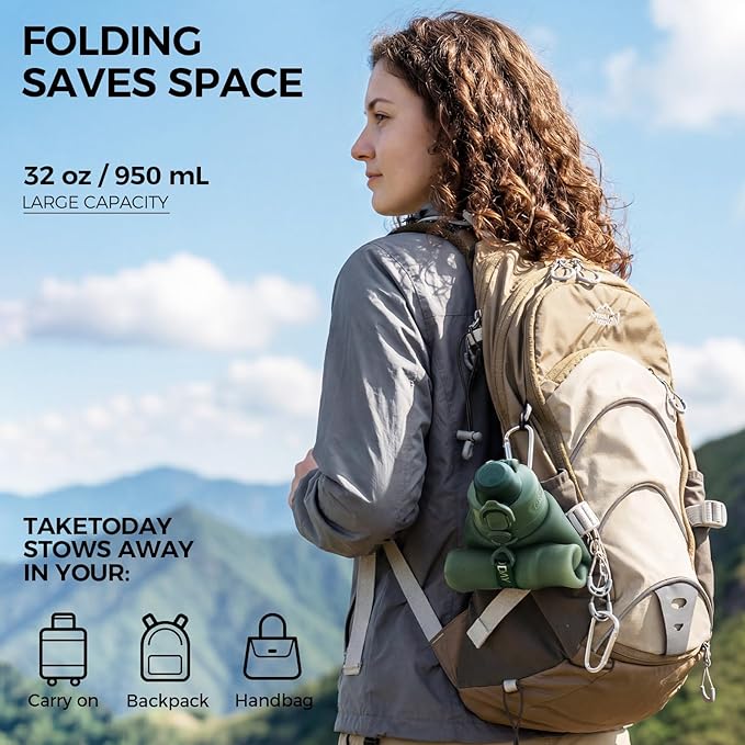 TakeToday Collapsible Water Bottles 32oz, Foldable Travel Bottle, TSA-Approved Leakproof Newly Silicone Water Bottle for Hiking, Travel, Outdoors, Purple