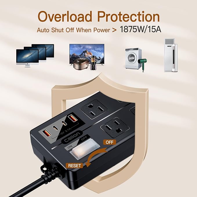 6FT Outdoor Waterproof Power Strip Surge Protector with 6AC Outlets 4USB Ports Power Switch Safety Lock, ETL Certified for Patio Garden Charging