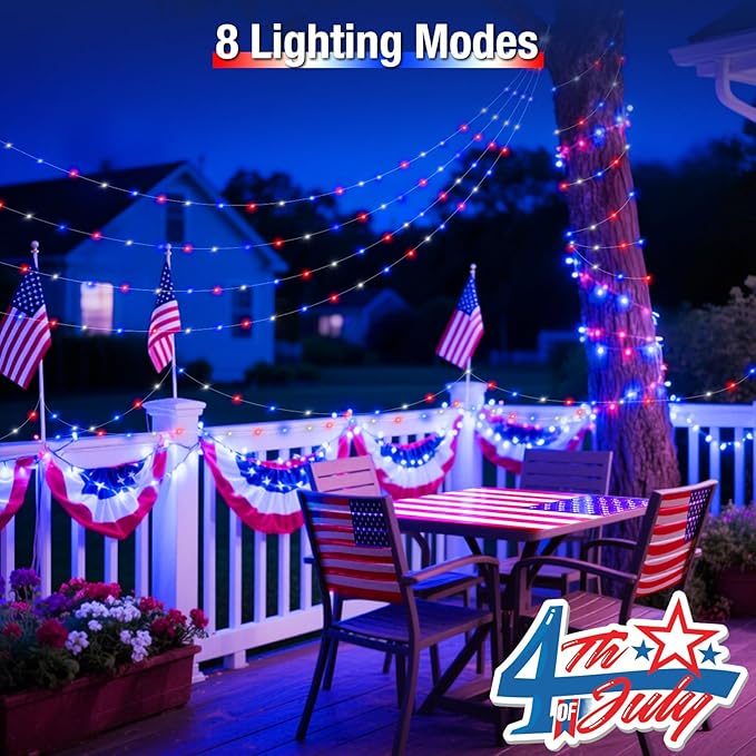 btfarm 4 Pack Red White and Blue Solar Fairy Lights, 4th of July Solar String Lights Outdoor Waterproof, 320LED 132FT Memorial Independence Day Patriotic Decorations for Outside Tree Garden Patio Yard