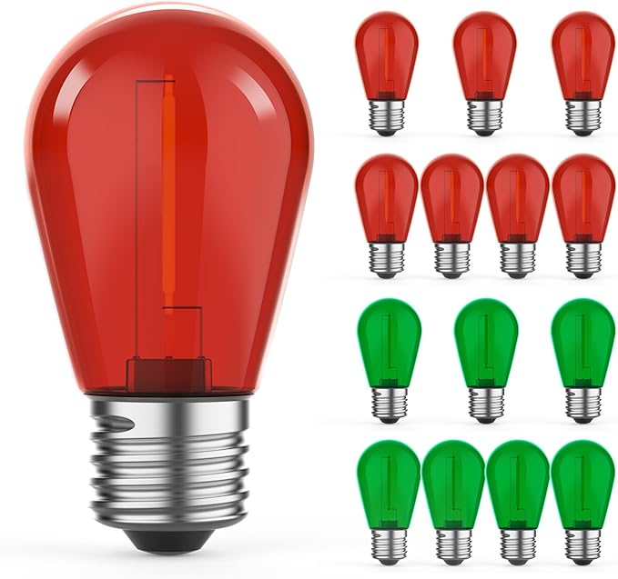 GvvooHome 15 Pack S14 Colored LED String Light Bulbs, 1W Plastic Shatterproof Replacement Bulbs for Outdoor Patio Backyard Lights, E26 Medium Base, Dimmable, Warm White 2200K, Red/Green