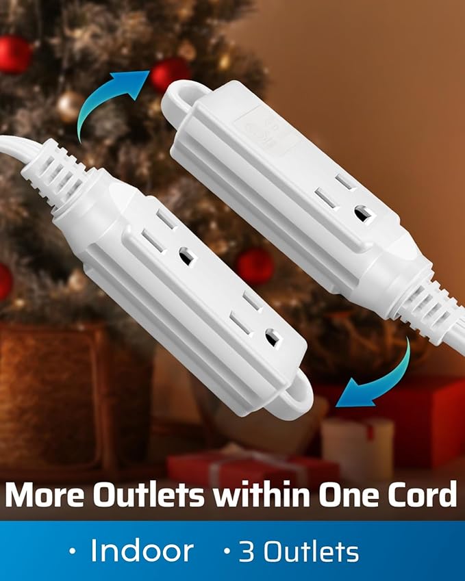 DEWENWILS 3 Outlet Extension Cord with Flat Plug Christmas, 1FT 16/3 Awg Grounded Power Cable for Indoor Use, SPT-3 Cord, White, ETL Listed, 2 Pack