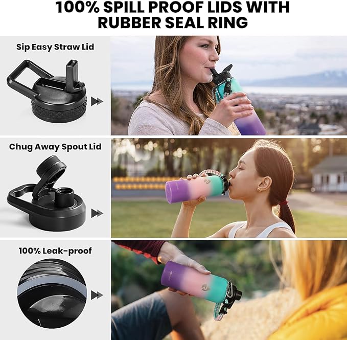 RAYMYLO Insulated Water Bottle 40 oz, Triple Wall Vacuum Stainless Steel (Cold for 36Hrs, Hot for 18Hrs), Leak Proof & Non-BPA, Modern Water Flask Jug with Paracord Handle & Straw Spout Lids