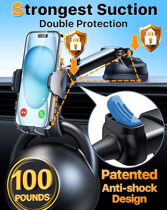 2026 Ultimate Best【True Military-Grade & Safety Cert】Car Phone Holder HTU【Upgraded 360 Rotation & 100+LBS Strongest Suction】5-in-1 Truck Windshield Dashboard Vent Mount Stand for iPhone Android, Black
