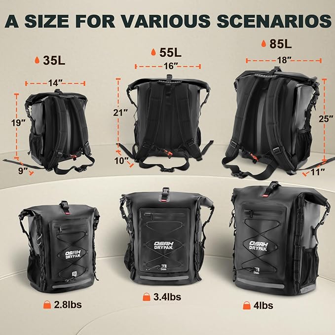 OSAH DRYPAK Waterproof Backpack Dry Bag 35L/55L/85L – Heavy Duty Roll-Top Hiking Backpack for Travel, Kayaking, Boating, Camping, Rafting and Fishing