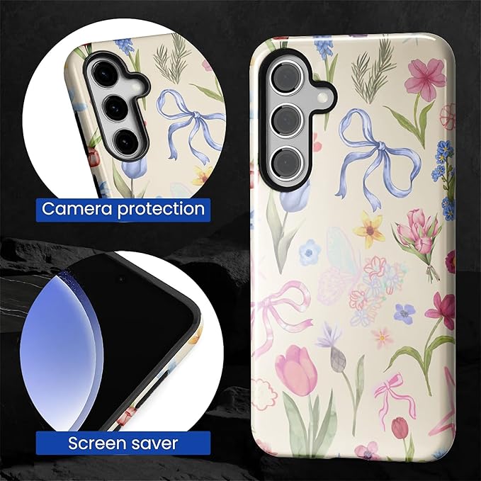 for Samsung Galaxy S25 Case,HL2 Aesthetic Flower Preppy Collage Hybrid 2 Layer Hard Shell Silicone Protective Pattern Design Case