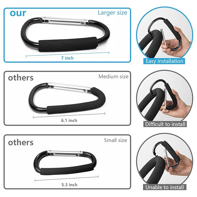 Baby Stroller Hooks for Hanging Diaper Bags, 7" Large Stroller Clip, 2 Pack Stroller Hooks for Hanging Bags and Shopping, Stroller Accessories for Mommy, Large Carabiner,Organizer of walker accessorie