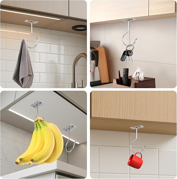 2PCS Banana Hook Under Cabinet,Adhesive Bananas Hanger with Fordable Design,Durable Metal Banana Holder for Hanging Bananas,Kitchen Organization Or Multi-Purpose Home Us(Silver)