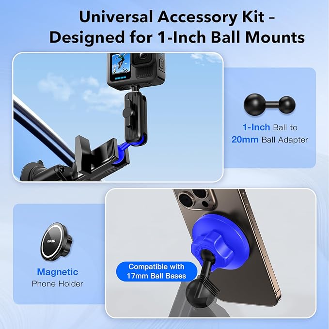 1-Inch (B Size) Ball Adapter Kit for RAM Mounts – Includes 20mm Ball Adapter, 17mm Ball Adapter, 1/4"-20 Stud, and Magnetic Phone Holder