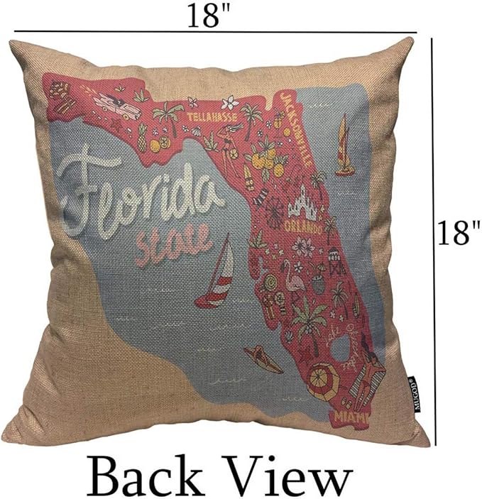 Mugod Florida Map Throw Pillow Cover Travel and Attractions Map of The State of USA Florida Decorative Square Pillow Case for Home Bedroom Living Room Cushion Cover 18x18 Inch