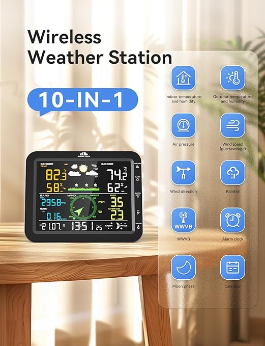 10-in-1 Wireless Weather Station with Dual Display, Outdoor Sensor, Rain Gauge, Wind Speed,Atomic Clock, Indoor Temp/Humidity, Barometric Pressure,etc (No WiFi)