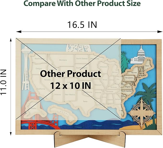 Wooden USA Landmark Travel Map, 16.5 x 11, 3-Layer Wood State Map Tracker Puzzle with Gift Box - Personalized Wall Art & RV Decor with Table Stand, Marker Pen & Adhesive Backing (Landmark, 16.5 x 11")