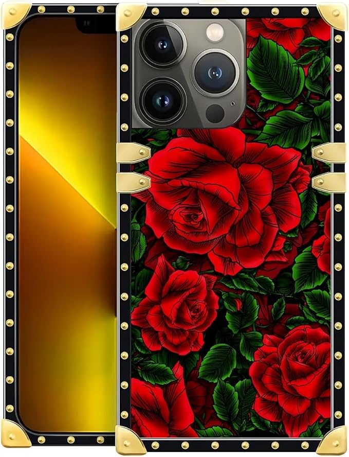 Compatible with iPhone 13 Pro Case, Vector Red Rose Green Leaf Luxury Golden Decoration for Girl Women Soft TPU Shockproof Protective Hard PC Back for iPhone 13 Pro