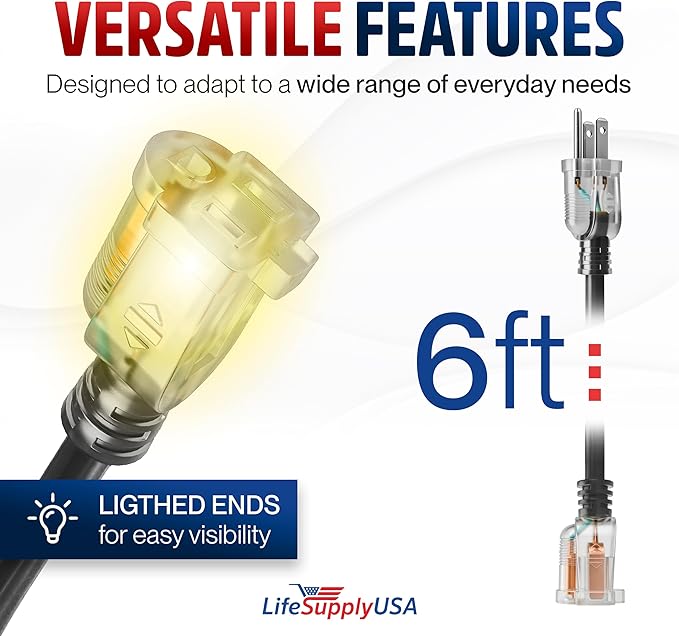 6ft Outdoor/Indoor Extension Cord 12/3 Gauge Extra Heavy Duty 3 Prong SJTW, Waterproof, Flexible Cold-Resistant Long Power Cord,15A 125V 1875W, Black by LifeSupplyUSA
