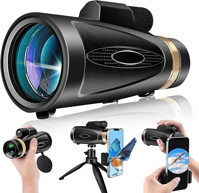 Monocular Telescope 80x100 HD Monoculars for Adults with Tripod & Phone Adapter, Monoculars for Bird Watching Stargazing Camping Hiking Hunting Wildlife Travel-Black