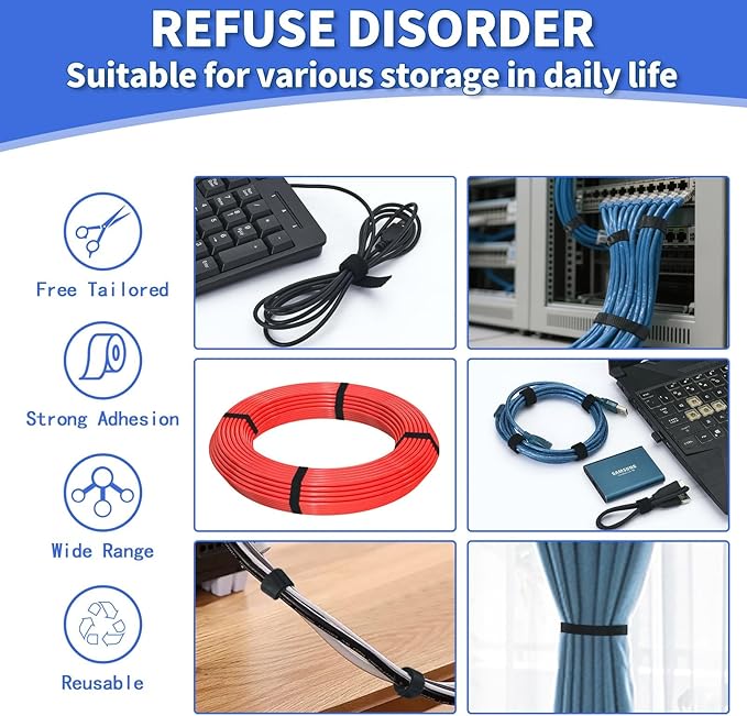 1/2In x 100Ft Reusable Cable Ties Hook and Loop Roll | Tie Down Straps, Nylon Double-Sided Strips, | Adjustable Multi-Purpose Wrap Fasteners forOffice, Home, Data Center