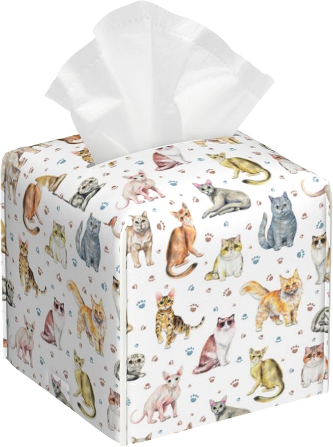 Tissue Box Cover Square,Cute Cats and Paw Tissue Box Holder Waterproof Leather Facial Paper Case Modern Home Decoration for Bedroom Dresser Night Stand Office Desk