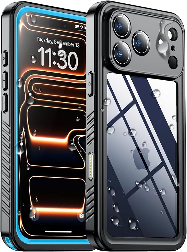 SPIDERCASE for iPhone 17 Pro Max Case Waterproof, Built-in Lens & Screen Protector, Full Heavy Duty Protection, 12FT Military Shockproof, Dustproof, Anti-Scratched Phone Case,Blue/Clear