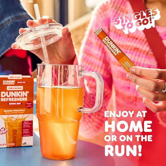 Dunkin’ Zero Sugar Refreshers Singles To Go! Powdered drink mix packets, Mango Pineapple,10 packets per box Energy from Green Tea, aspartame-free, no synthetic colors, naturally and artificially flavored, just add water