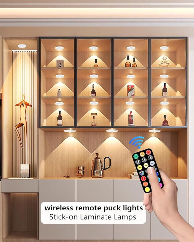 Puck Lights with Remote, 2000mAH Battery Operated, Rechargeable Shelf Light, Wireless,Color Changing Magnetic Light, Display Curio Cabinet,Bookcase,Under Cabinet Lighting (White, 3PACK)