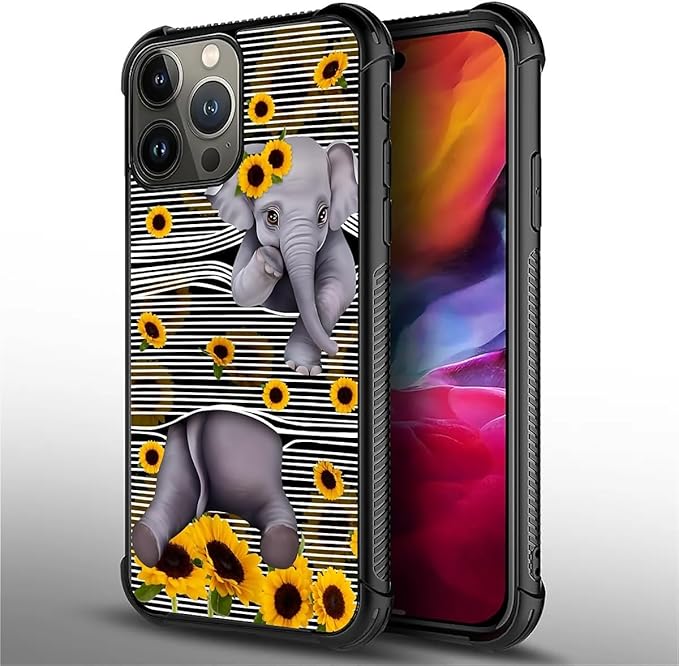 for iPhone 15 Pro Max Case, Cute Little Elephant Sunflower White Line Art Pattern Graphic Design Girl Boy Soft Silicone Hard Acrylic Shock Protection for iPhone 15 Pro Max