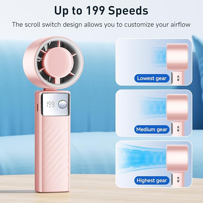YOSHENMO Portable Handheld Turbo Fan - Foldable Mini Fan with Air Turbo Tech, 1-199 Speed Adjustment, 20H Runtime, LED Display, Battery-Powered for Indoor/Outdoor Use Nude Pink