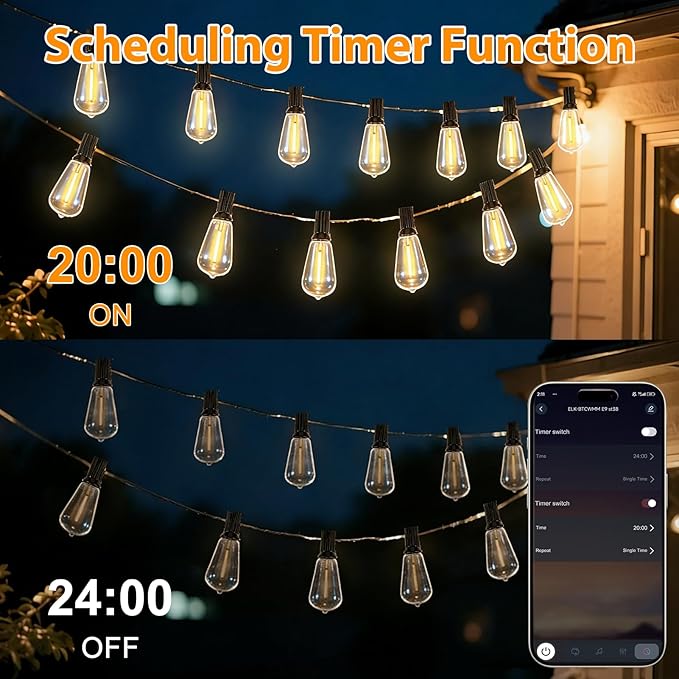 LumBelle Smart Outdoor String Lights, 100FT ST38 LED Patio Lights with Timer Remote APP Control, 42 Shatterproof LED Bulbs (2 Spare), Dimmable Waterproof Hanging Light for Backyard Porch Party Decor