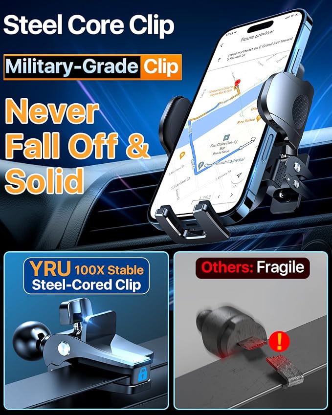 YRU [True Upgrade for Safety] Car Phone Holder Mount [Patent & Military-Grade] Dashboard Cell Phone Holder for Car Vent Windshield Phone Stand for iPhone 17 16 15 14 13 Pro Max Truck Samsung (Grey)