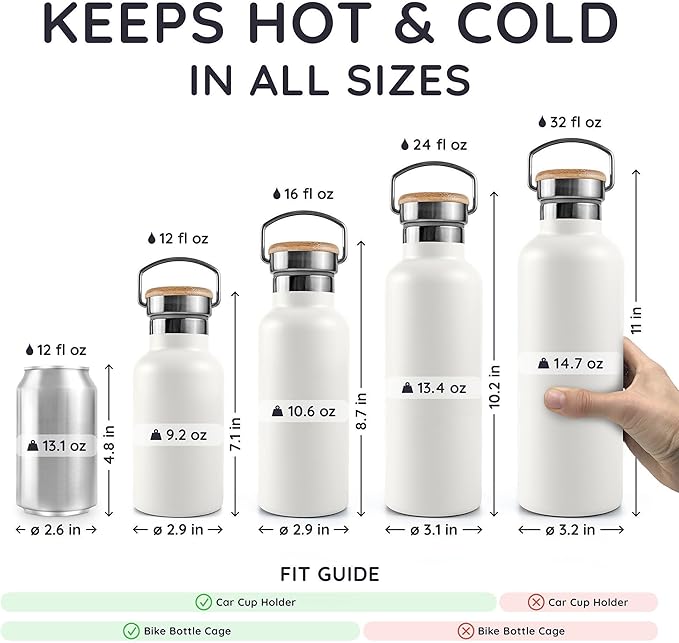 Bambaw Insulated Water Bottle 16 oz, Stainless Steel Water Bottle with Handle, Great for Travel & Hiking, Fits in Cup Holder, Made of High-Grade Stainless Steel (Polar White)