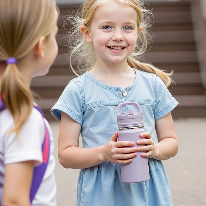 12oz Kids Water Bottle for School, Toddler Water Bottles with Straws, Insulated Water Bottles for Boys&Girls, Stainless Steel Vacuum Insulated Bottle for Kids, Leak-Proof, BPA-Free, Sugar Plum