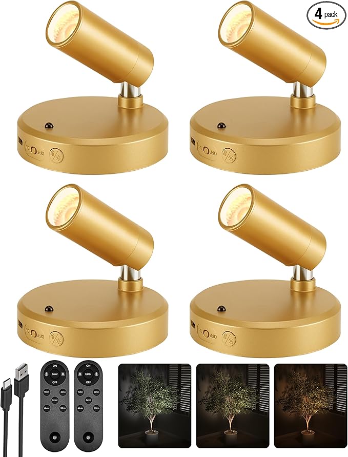 EZVALO LED Spotlight Indoor, 5500mAh Rechargeable Battery-Powered Picture Lights, Wireless Mini Art Accent Spot Lights with Remote, for Plants, Display, Painting, Artwork (4-Pack-Gold)