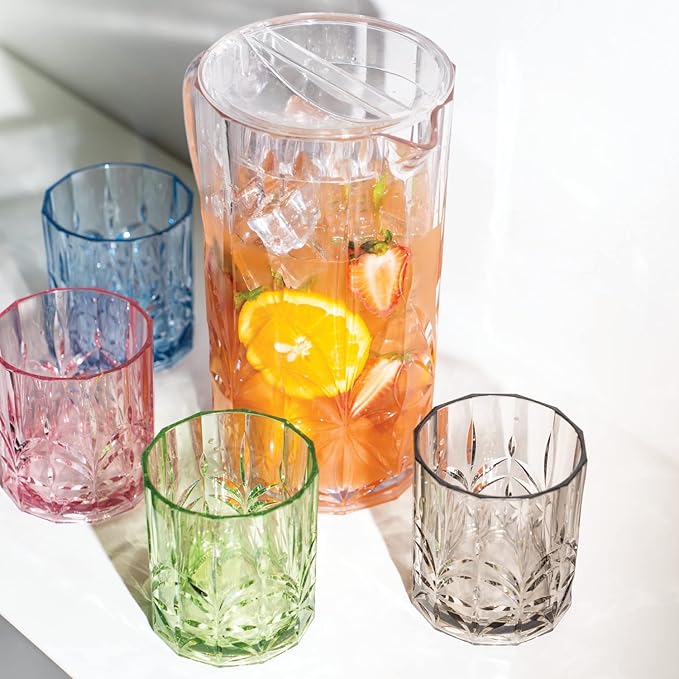 BELLAFORTE Shatterproof Tritan Plastic Short Tumbler, Set of 4, 13oz - Myrtle Beach Unbreakable Crystal Cut Old Fashioned Drinking Glasses for Whiskey - BPA Free - Dishwasher Safe - Green