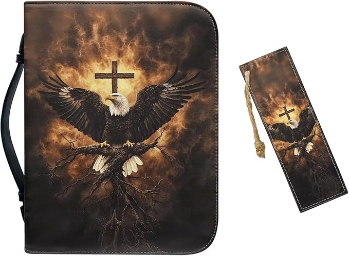 Medium Bible Cover Case for Women Men Bald Eagle and Cross Print PU Leather Bible Case with Bookmark Church Bag Book Carrying Case Bible Cover for Women Men Bible Case for Men Women