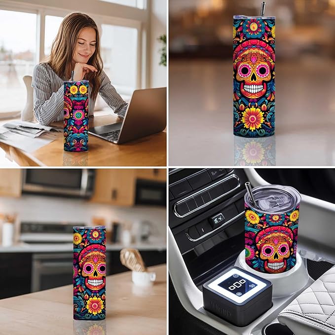 Firmiso 20 oz Tumbler｜Skinny Insulated Travel Mug｜Sugar Skull Floral Stainless Steel Cup with Leak Proof Lid and Telescopic Straw｜Colorful Gothic Boho Drinkware｜Gift Idea for Women Men