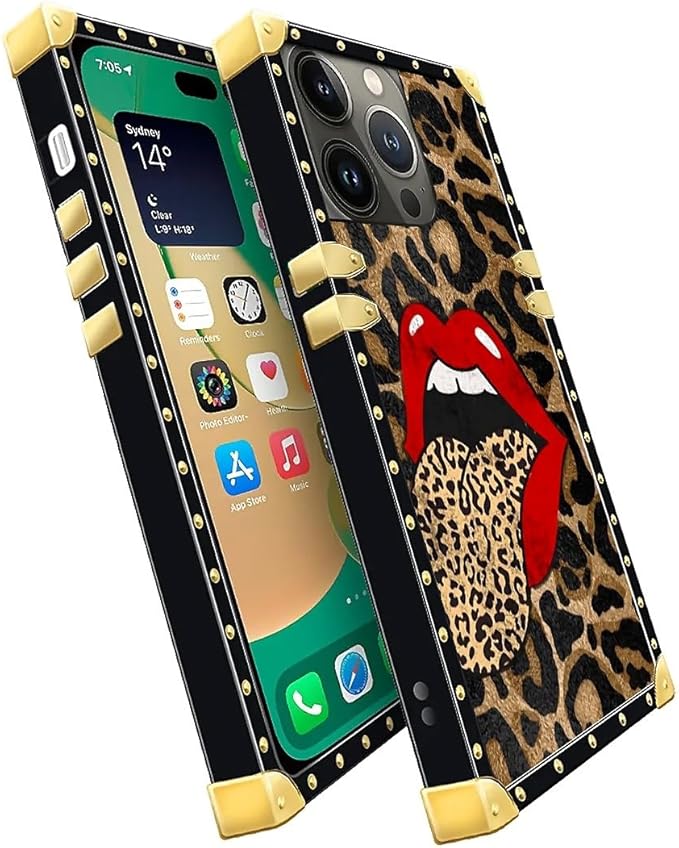 Compatible with iPhone 14 Pro Case, Brown Leopard Print Mouth Luxury Golden Decoration for Girl Women Soft TPU Shockproof Protective Hard PC Back for iPhone 14 Pro