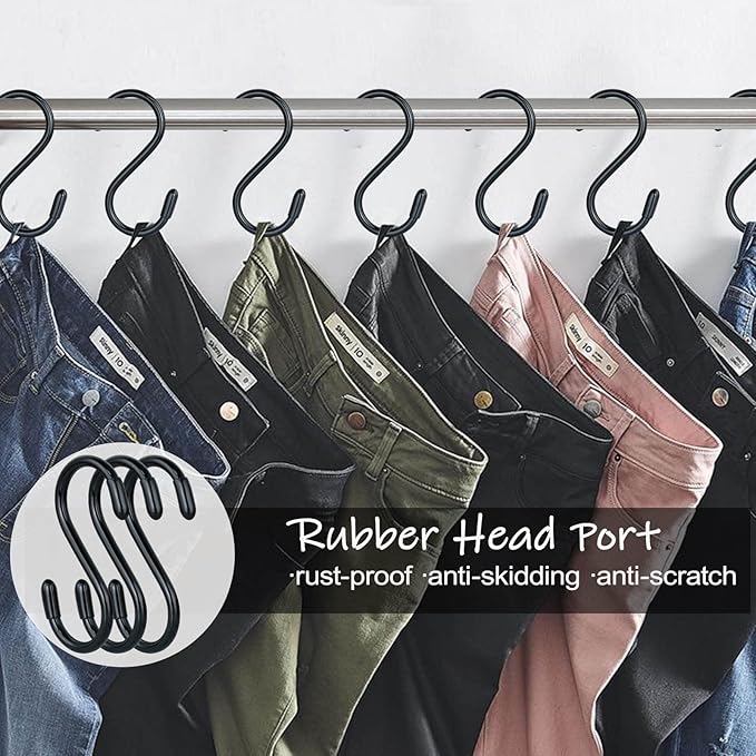 DINGEE 30 Pack Vinyl Coated Heavy Duty S Hooks for Hanging Plants, Clothes, Non Slip Steel Metal Black Rubber Coated Closet S Hooks for Hanging Jeans, Jewelry, Pot, Pan