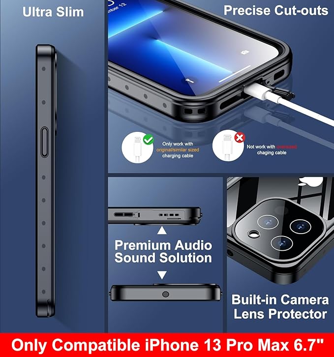 SPIDERCASE Only Designed for iPhone 13 Pro Max Case Waterproof, Built-in Lens & Screen Protector, Full Heavy Duty Protection, 12FT Military Shockproof, Dustproof, Anti-Scratched Phone Case,Black