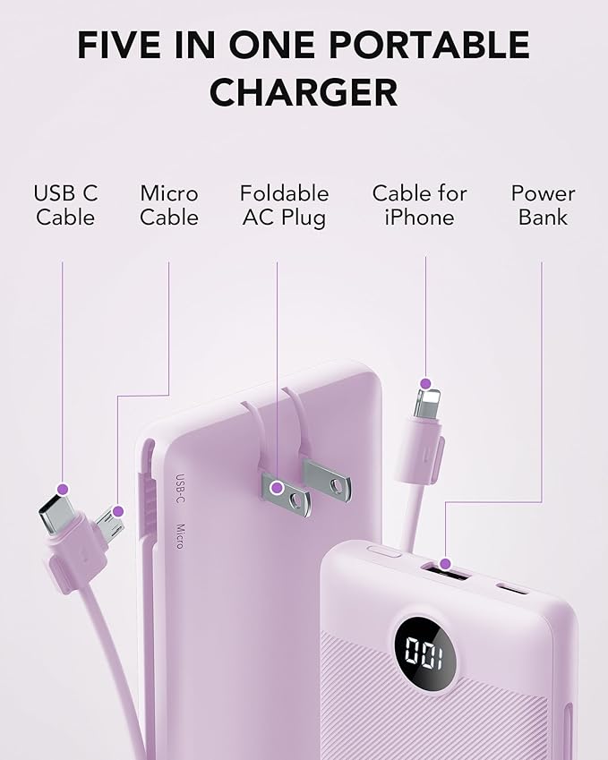 VRURC Portable Charger Built-in Cables and AC Wall Plug,USB C Power Bank 10000mAh, Travel Essentials Phone Charger Compact Lightweight External Battery Pack for Smart Phones, Tablets etc (Purple)