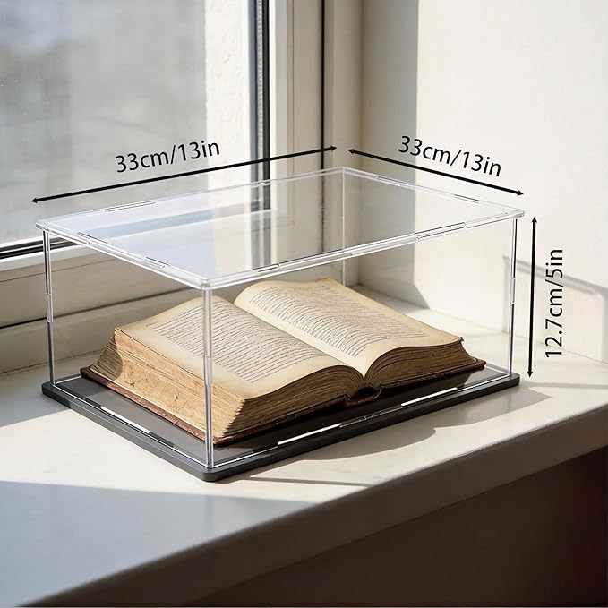 SVENJBB Large Display Case for Books and Medals, 13x13x5 Inch Acrylic Box for Stamp and Cards, Clear Acrylic Display Cases with Matte Black Base for Collection Protection and Storage