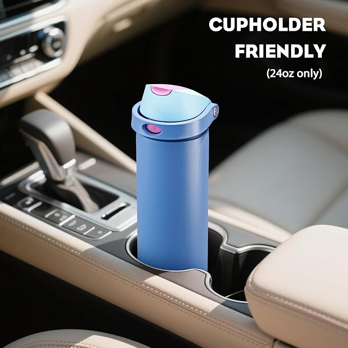 POWCAN 24 oz Metal Sports Water Bottle: 2-in-1 Push-Button Spout & Quick-Flip Straw, Leakproof, Cold 24Hrs, Lockable, Fits Car Cup Holder, Insulated Steel Cup for School, Hiking, Gift (Ohana Blue)