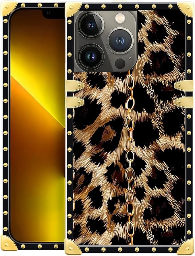 Compatible with iPhone 13 Pro Max Case, Seamless Gold Chain Leopard Luxury Golden Decoration for Girl Women Soft TPU Shockproof Protective Hard PC Back for iPhone 13 Pro Max