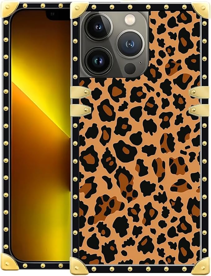 Compatible with iPhone 13 Pro Case, Brown Leopard Texture Luxury Golden Decoration for Girl Women Soft TPU Shockproof Protective Hard PC Back for iPhone 13 Pro