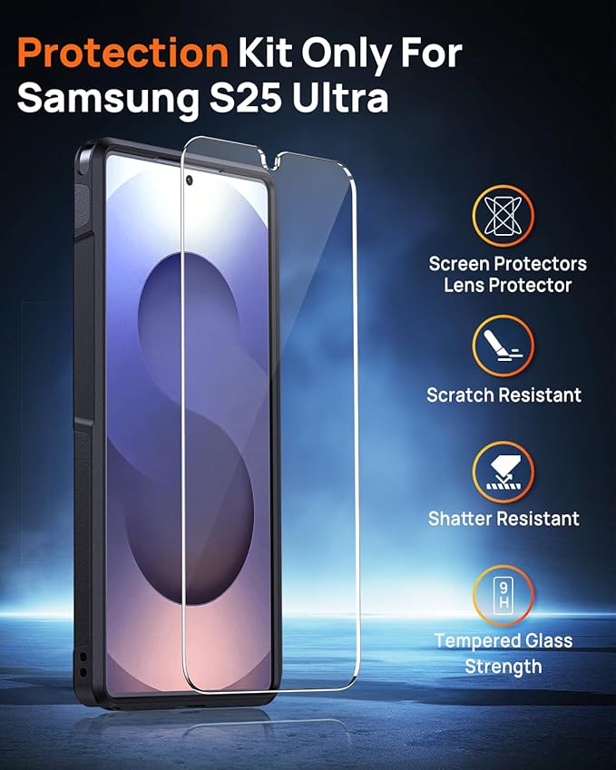 Lanhiem for Samsung Galaxy S25 Ultra Phone Case with Tempered Glass Screen Protector, Shock Absorption, Anti-Scratch Shockproof Case Cover for Samsung S25 Ultra, Black