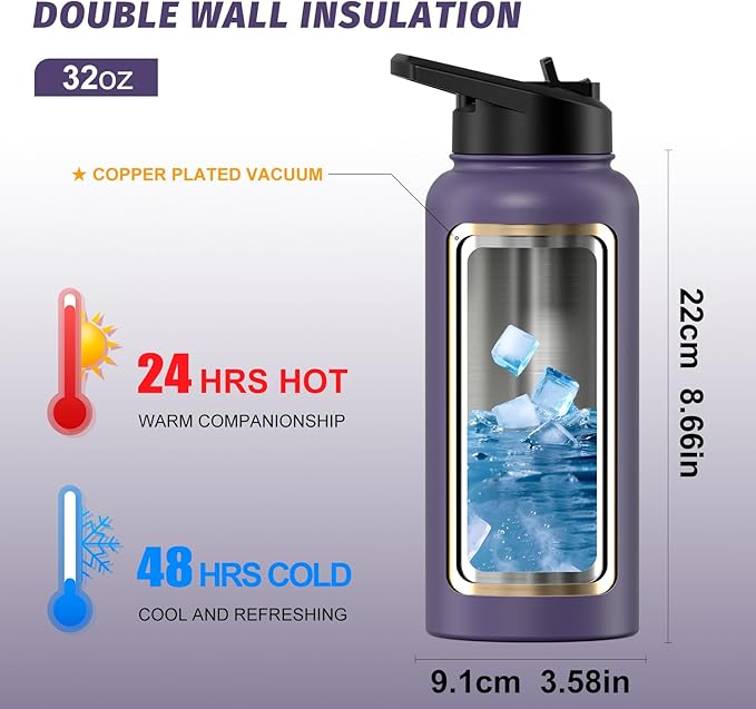 32oz Insulated Water Bottle (Cold for 48 Hrs),BPA Free&Leak Proof,Stainless Steel Water Flask,Water Jug with Straw Spout Lids for Gym,Hiking,Purple