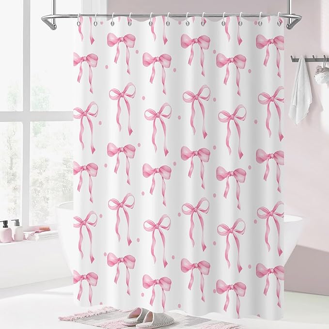 Pink Bow Shower Curtain, Pink and White Modern Aesthetic Bowknot with Polka Dot Cute Girly Bathroom Curtain Waterproof Fabric Machine Washable with Hooks, 60" Wx72 L
