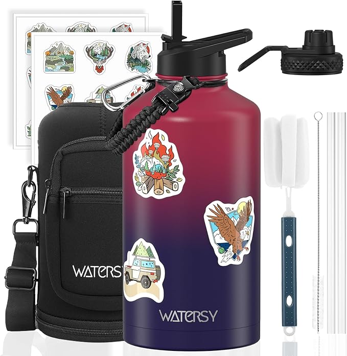 87oz Insulated Water Bottle (Cold for 48 Hrs),BPA Free&Leak Proof,1.5 Gallon Stainless Steel Water Flask,Water Jug with Straw Spout Lids for Gym,Hiking,Camping,Red Purple